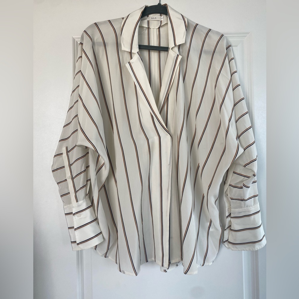 ALC silk, striped faux wrap, long-sleeved blouse. Size 6